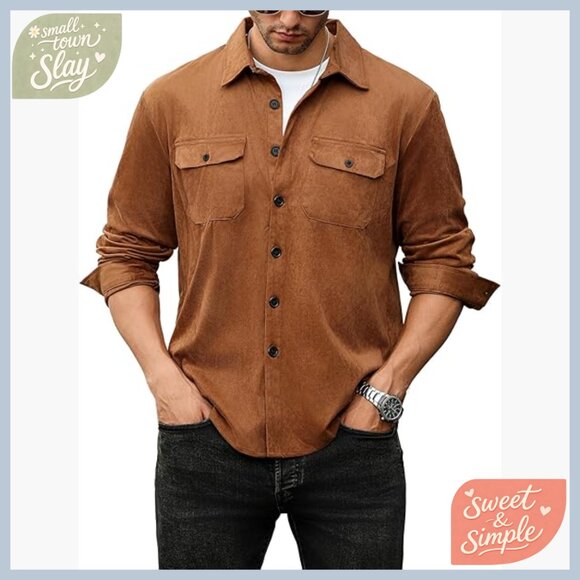Men's Faux Suede Lightweight Shirt Jacket Long Sleeve Button Down